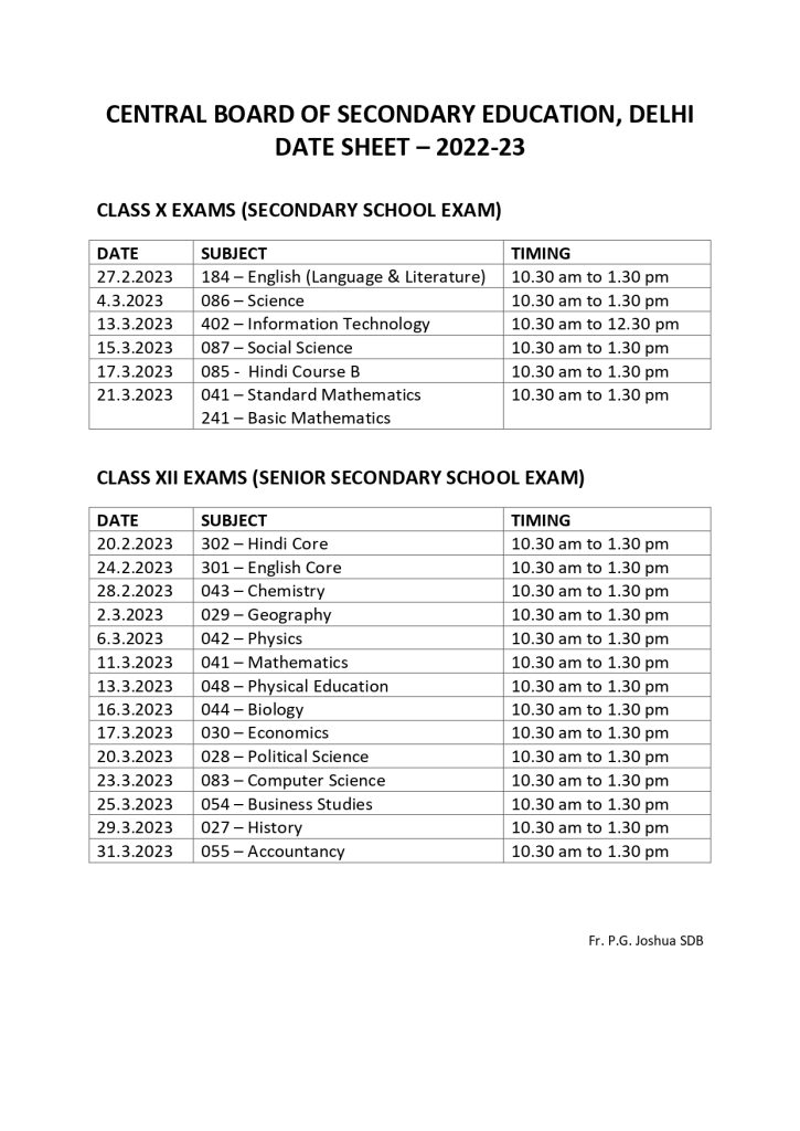 CBSE Exam Routine of Classes X and XII – DON BOSCO SCHOOL ITANAGAR